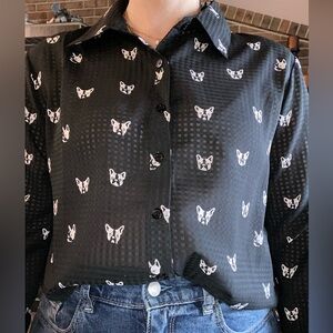 Kersh Black and White Bulldog Print Button Down Shirt